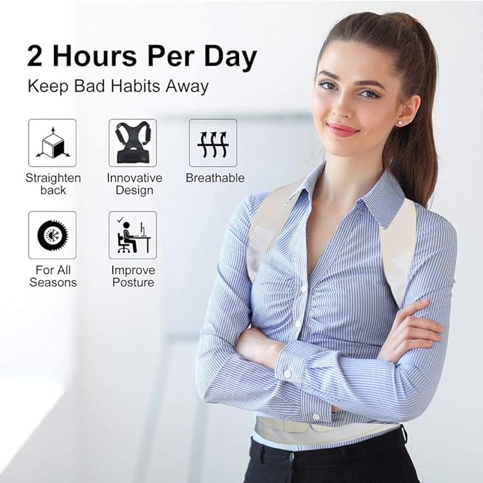 Thoracic Back Brace Posture Corrector - Magnetic Support for Neck Shoulder Upper and Lower Back Pain Relief - Perfect Posture Brace for Cervical Lumbar Spine - Fully Adjustable Belt (Beige, X-Large)