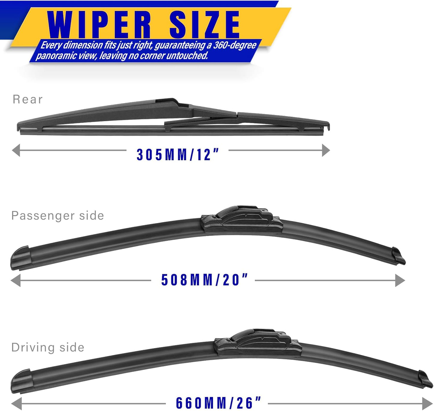 3 wipers Replacement for 2021-2024 Toyota Sienna, Windshield Wiper Blades Original Equipment Replacement - 26"/20"/12" (Set of 3) U/J HOOK