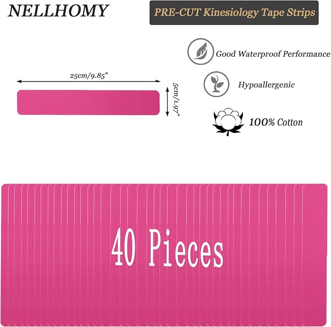 Pro Kinesiology Tape 40 Precut Strips,Elastic Athletic Tape,Original Cotton Waterproof Breathable Sports & Weightlifting Tape Muscles Pain Relief & Joints Support,K Tape(Pink)