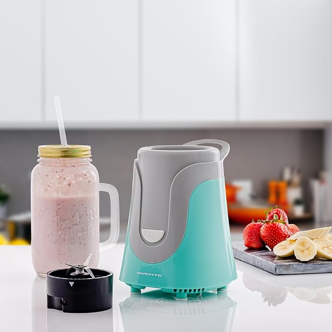 OVENTE Retro Personal Blender and Smoothie Maker with 18 Oz Mason Jar, 300W Base, Stainless Steel Blades, BPA-Free and Dishwasher Safe Container, Includes Reusable Straw and Lid, Turquoise BLH1002T