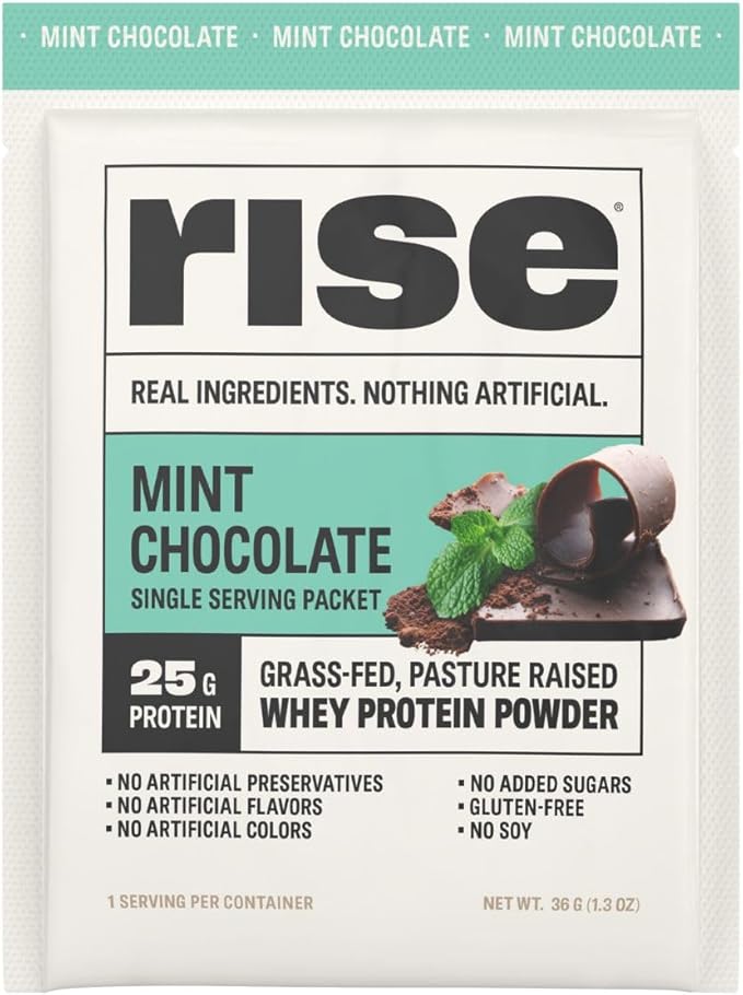 Rise Grass-Fed Whey Protein Powder - Mint Chocolate | 25g Protein No Artificial Flavors, Colors, or Preservatives - Sugar Free, Gluten-Free, Soy Free (Single Serving, 1 Pack)