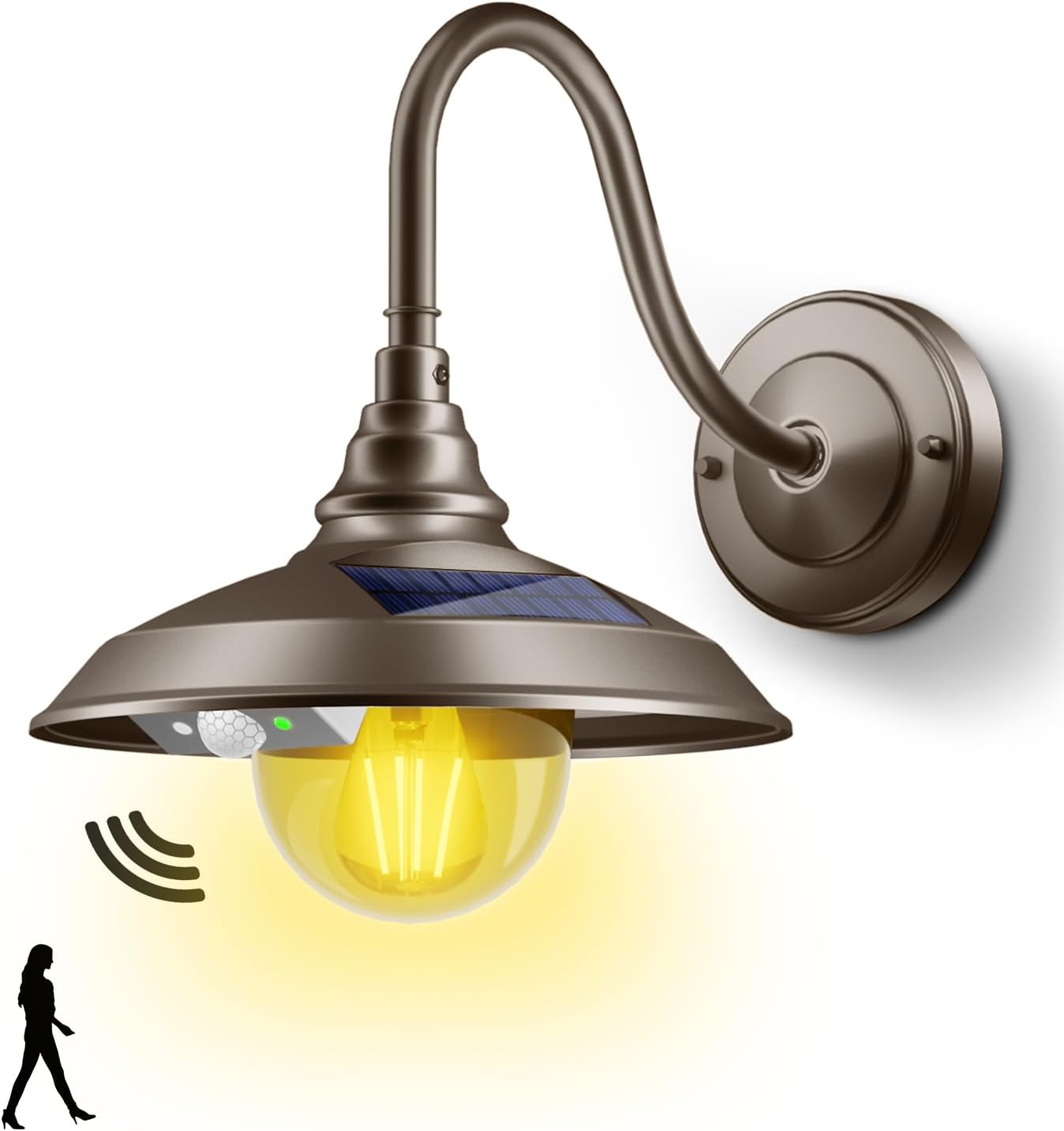 SIEDiNLAR Solar Barn Light Outdoor 3 Modes 2 Lighting, Aluminum Gooseneck Wall Light Vintage Farmhouse Waterproof with Remote & Motion Sensor for Barn Garage Shed Chicken Coop Dark Bronze (1 Pack)