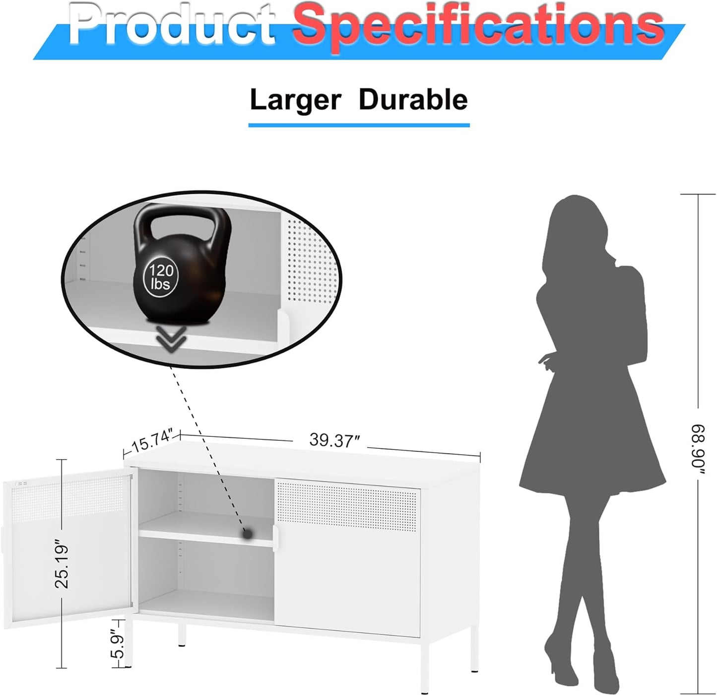 2 Door Storage Sideboard, Metal Storage Cabinet with 2 Adjustable Shelf,Multipurpose Metal Accent Cabinet for Office Home,Music Studio (White, 25''H)