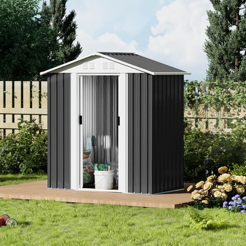 5x3 FT Outdoor Storage Shed, Metal Garden Shed with Frame Floor, Small Outside Tool Shed with Lockable Sliding Doors & 4 Air Vents, Waterproof Storage Building for Backyard, Patio, Lawn, Gray