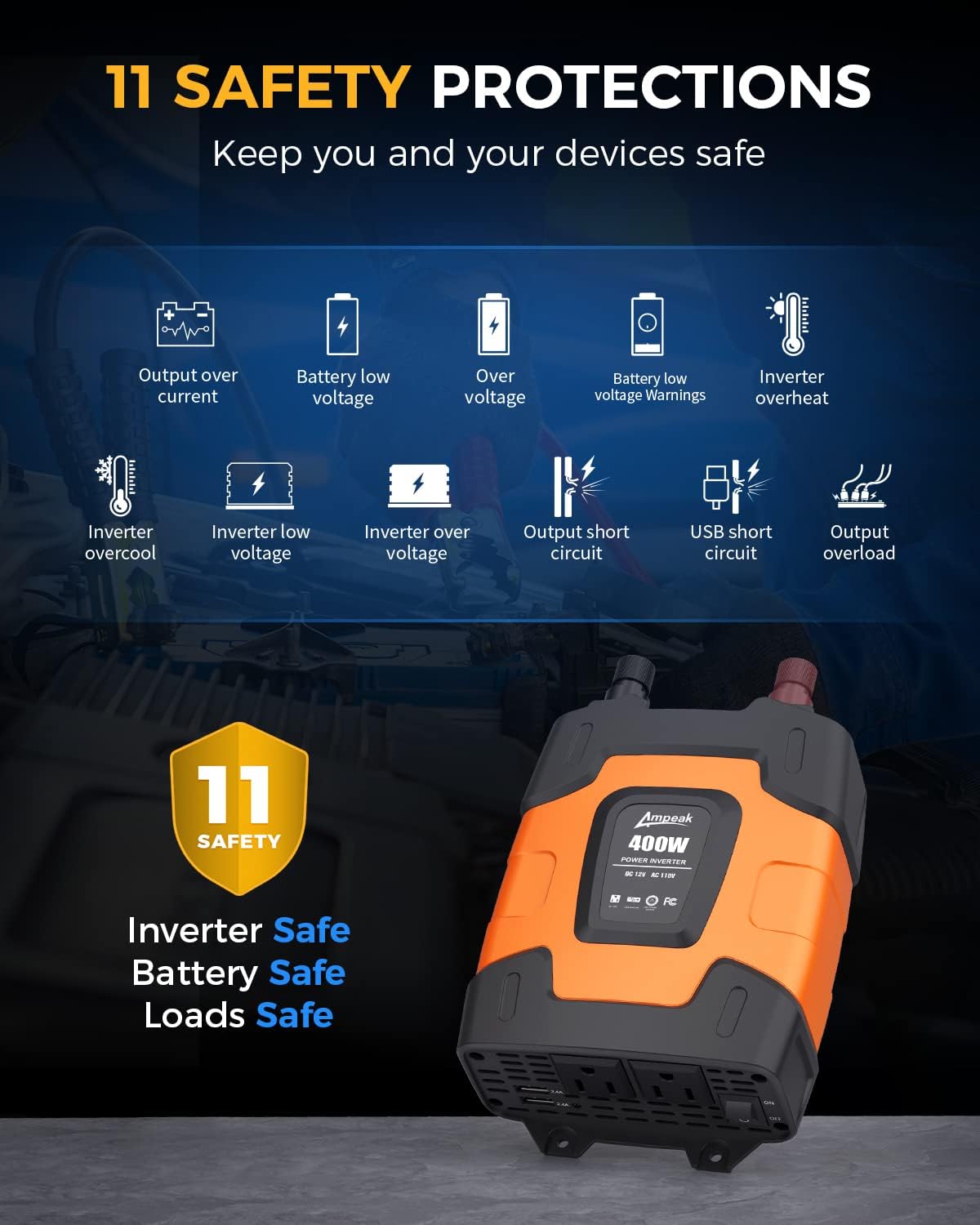 Ampeak 400W Power Inverter 4.8A Dual USB Ports 2 AC Outlets Car Inverter DC 12V to AC 110V 11 Protections for Devices