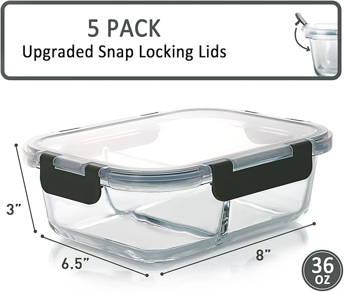 [5-Pack,36 Oz]Glass Meal Prep Containers 2 Compartments Portion Control with Upgraded Snap Locking Lids Glass Food Storage Containers, Microwave, Oven, Freezer and Dishwasher (4.5 Cups)