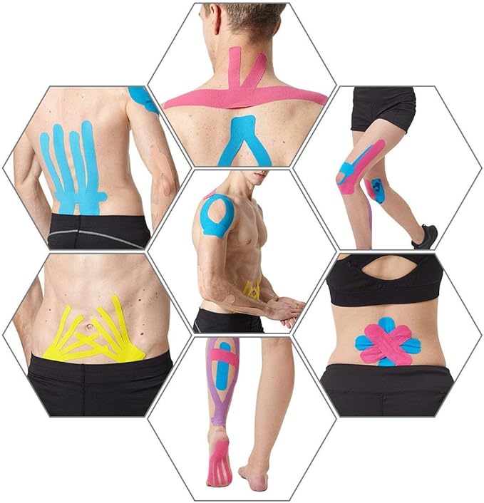 MUEUSS Kinesiology Tape Elastic Cotton Athletic Tape Precut Strips,Waterproof Tape for Protects Muscles,Knees,Shoulders Plantar Fasciitis Pain Relief,Pregnancy Belly Tape (2rolls Black&Blue)