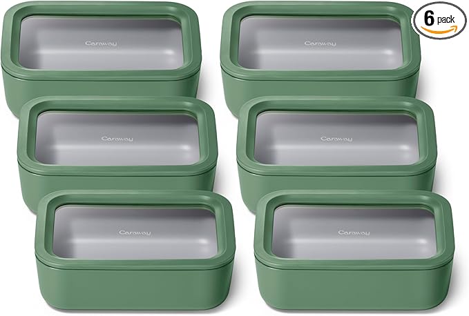 Caraway 6pc Glass Food Storage Set – 6.6 Cup Food Containers (6) - Ceramic Coated - Non Toxic, Non Stick with Lids - Microwave Safe - Sage