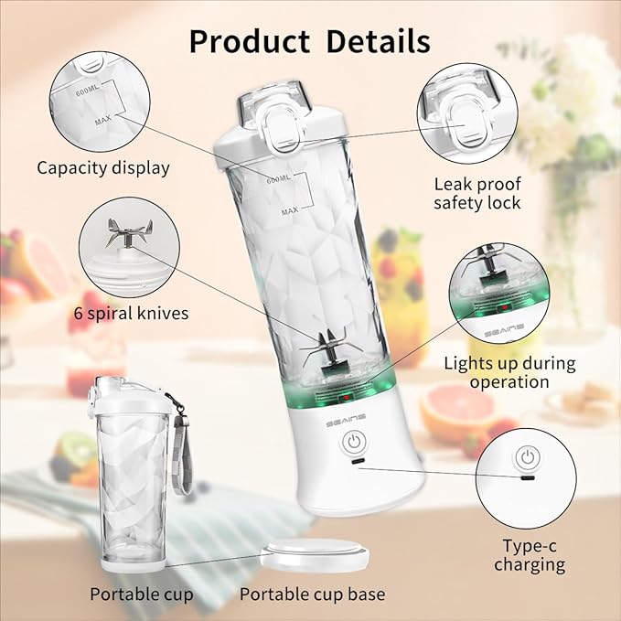 Portable Blender, Personal Blender for Shakes and Smoothies with 20 Oz Travel Cup and Lid, Mini Personal Size Blender with 6 Blades and USB Rechargeable for Gym, Kitchen and Outdoors (White)