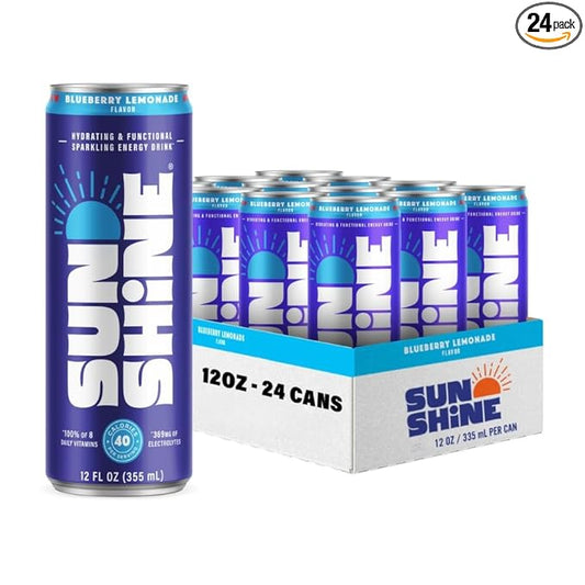Sunshine Sparkling Energy Drink, Blueberry Lemonade with Daily Essential Vitamins, 360mg of Electrolytes, 70mg of Natural Caffeine, 12 Fl Oz (Pack of 24)
