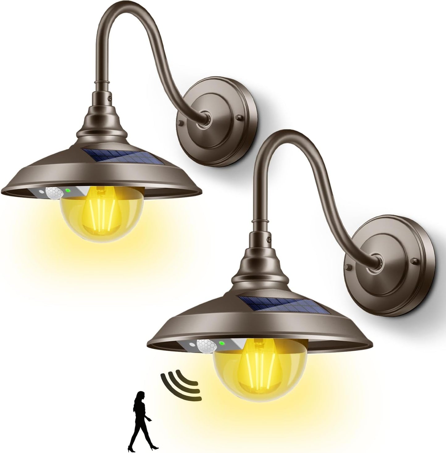 SIEDiNLAR Solar Barn Light Outdoor 3 Modes 2 Lighting, Aluminum Vintage Farmhouse Gooseneck Wall Light Waterproof with Remote & Motion Sensor for Barn Garage Shed Chicken Coop Dark Bronze (2 Pack)