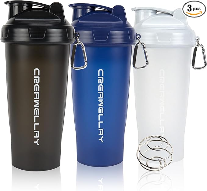 3 Pack Protein Shaker Bottle, 24 oz Protein Shaker Cup with Wire Shaker Ball for Pre Workout, Shake Bottle with Carrying Handle, BPA-Free & Dishwasher Safe (Black, White, Blue)
