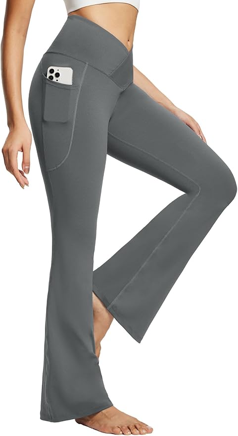 baleaf Women's V Crossover Flare Leggings with Pockets Yoga Pants High Waist Casual Workout Gym Bell Bottom Leggings