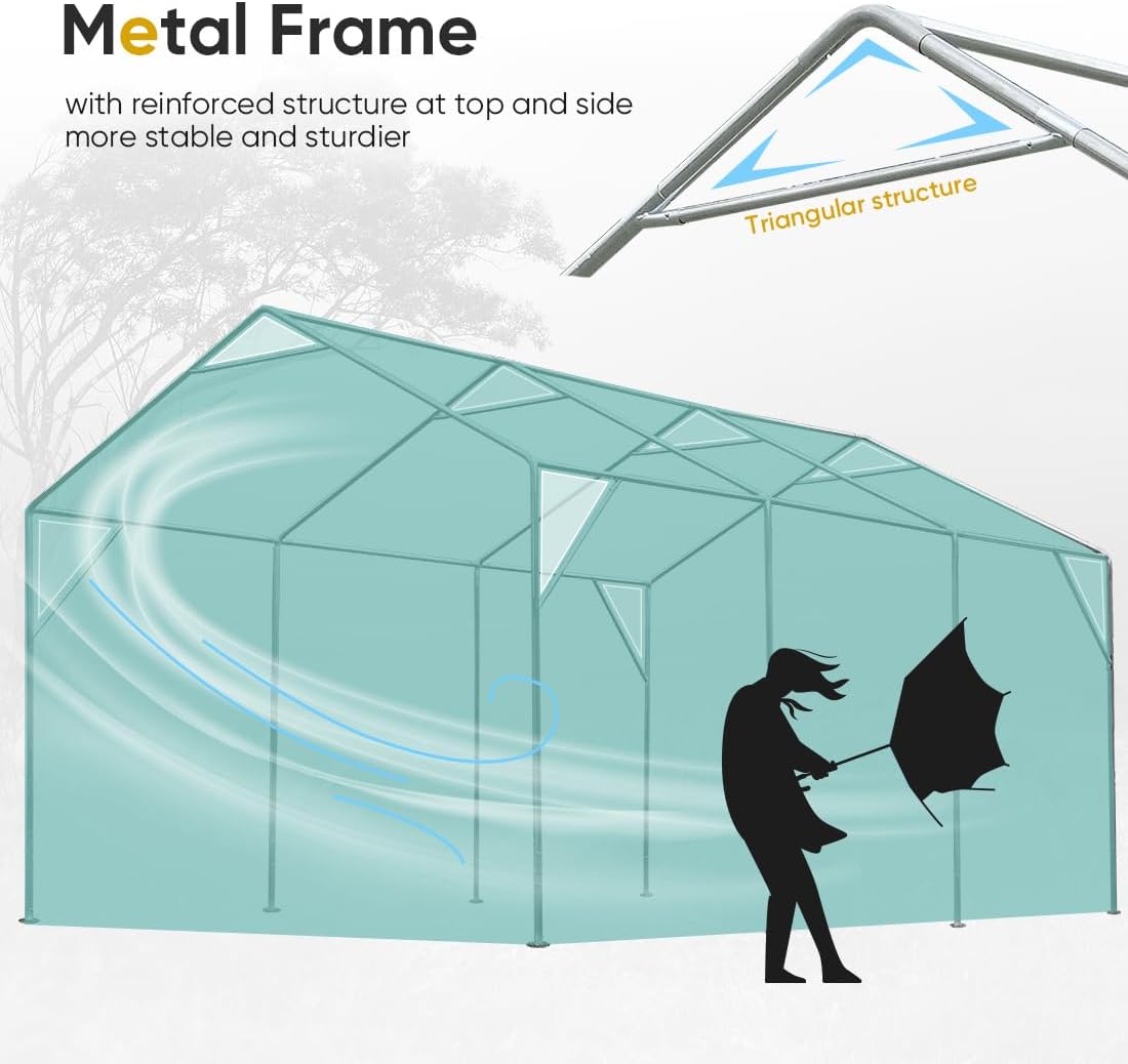 ADVANCE OUTDOOR 12x20 ft Car Canopy Garage Heavy Duty Carport Boat Shelter Party Tent, Adjustable Peak Height from 9.5ft to 11ft, with Removable Window Sidewalls and Doors, Green