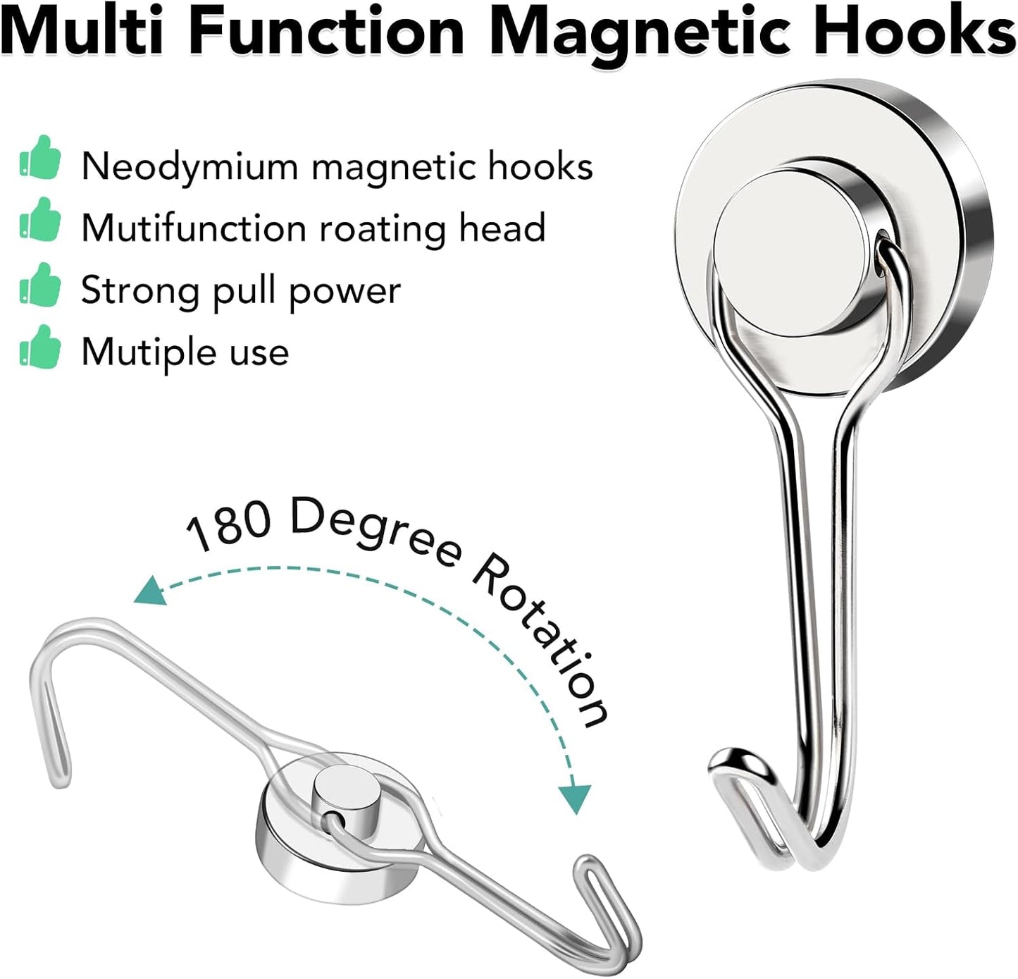 MIKEDE 12 Pack Magnetic Hooks, 40LB Heavy Duty Neodymium Magnet Hooks, Strong Magnetic Swivel Hooks for Hanging, Magnets with Hook Magnetic Metal Hanger for Fridge, Toolbox, Storage
