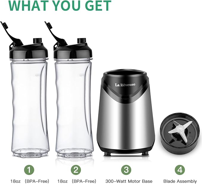 La Reveuse Smoothie Blender Personal Size 300 Watts with 2 Pieces 18 oz BPA-Free Travel Sports Bottles (Silver)