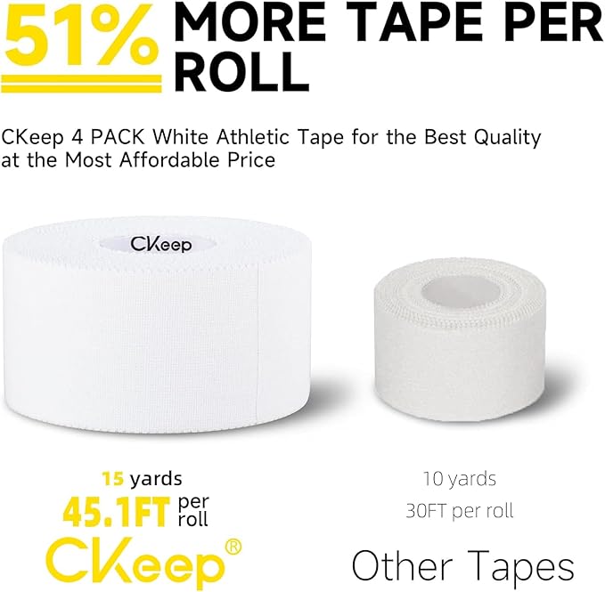 CKeep Athletic Tape,4 Pack White Sports Tape, Very Sturdy No Glue Residue,Wrist Ankle Tape for Muscle,Climbing,Boxing,Athletes,Baseball Bats,Strains,Sprains,Injuries（1.5 Inches）