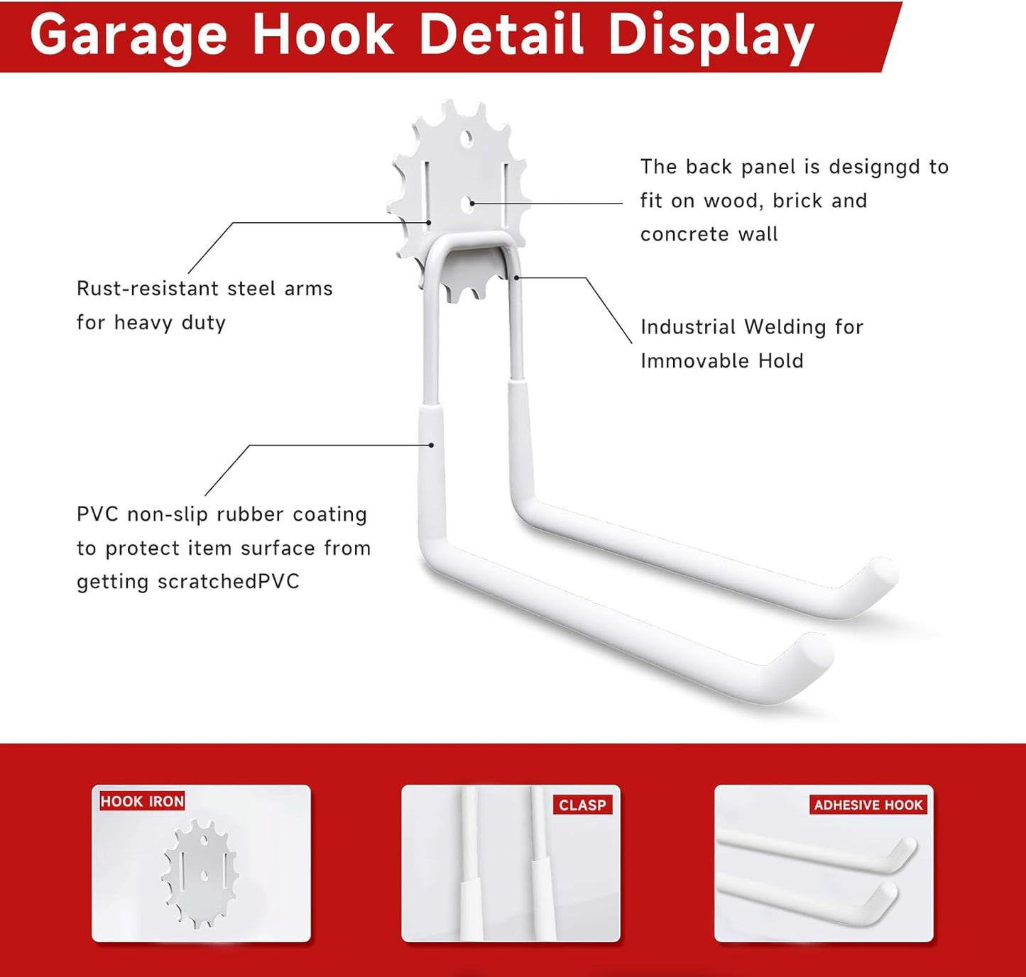 Garage Hooks White 4 Pack,68-110LB Heavy Duty Steel Storage Utility Hooks with PVC Anti-Slip Coating,Wall Mount Hooks for Hanging Garden and Power Tools,Bike,Ladder,Hose