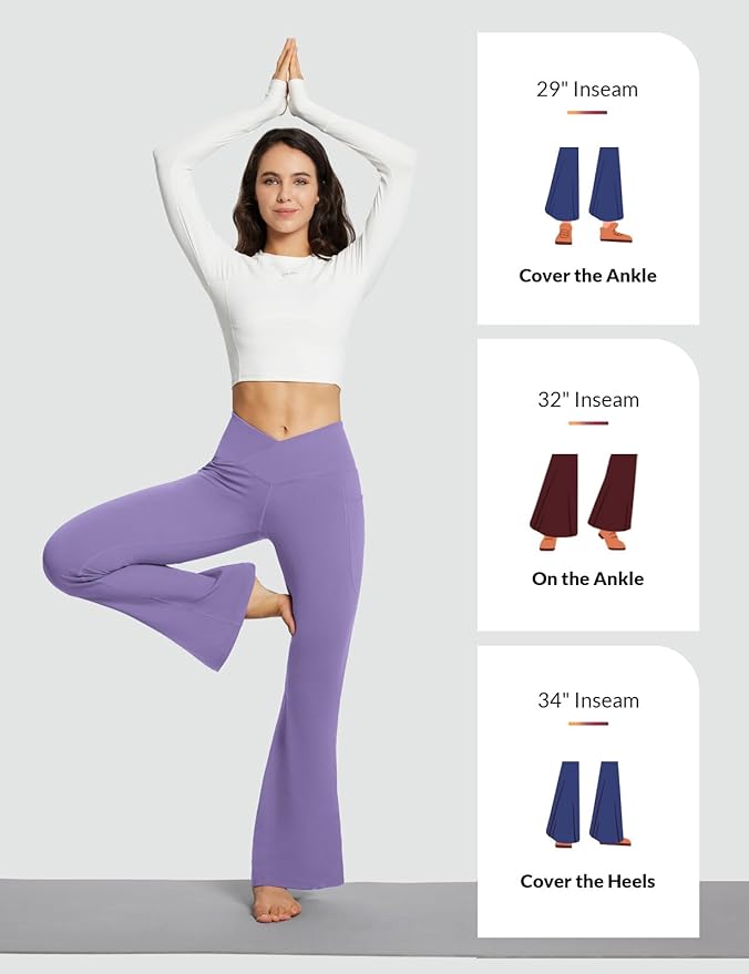 baleaf Women's V Crossover Flare Leggings with Pockets Yoga Pants High Waist Casual Workout Gym Bell Bottom Leggings