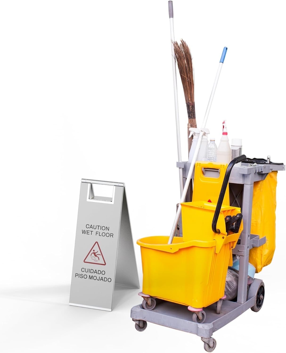 Stainless Steel Wet Floor Sign 2 Pack, 24 Inch Double-Sided Foldable Caution Sign with Handle, 8.8 lb Bilingual Warning for Restaurant, Office, Commercial Cleaning Use, Silver