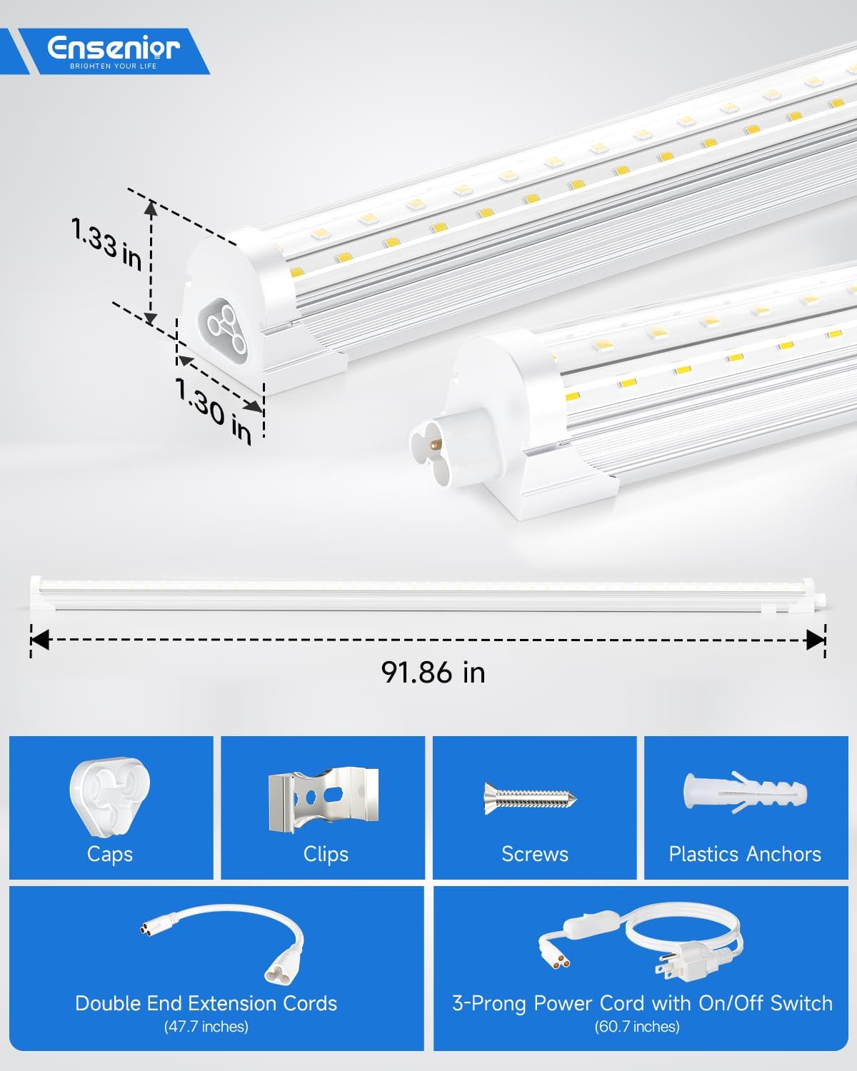 Ensenior 4 Pack 8 FT Led Shop Lights, 6000K Clear White, 10000LM Super Bright, 72W Equivalency 936W, Commercial Bay Lighting, U-Shaped Linkable Shop Lights Plug in for Garage, Workshop, FCC Certified
