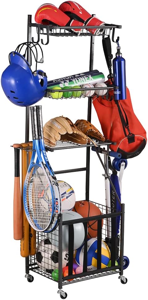 Snail Garage Sports Equipment Storage Organizer Sports Ball Storage Rolling Cart with Basket and Hooks Lockable Sports Ball Cage Storage Rack for Garages, Playgroup, Gym and Schools, Black