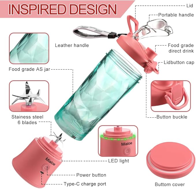 Portable Blender, for Shakes and Smoothies with 6 Blades Mini Blender 20 Oz for Kitchen,Home,Travel (Sakura Pink)