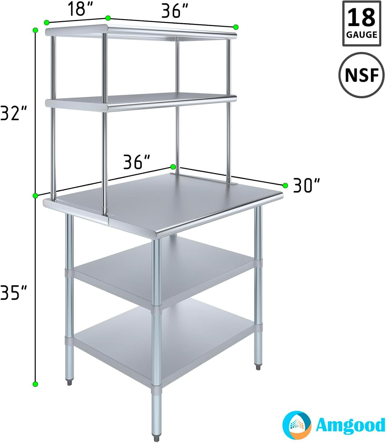 Amgood Stainless Steel Work Table with 2 Shelves | Metal Kitchen Prep Table & Shelving Combo (30" x 36" Table with 2 Shelves + 18" Overshelf)