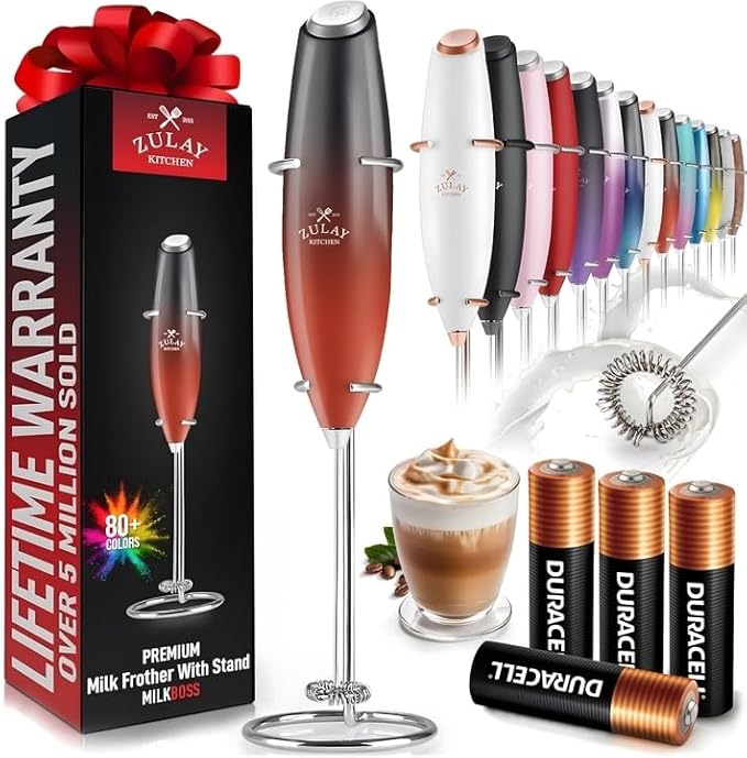 Zulay Powerful Milk Frother (4 Duracell Batteries Included) - Handheld Milk Frother Wand Drink Mixer for Coffee - Powerful Milk Foamer for Cappuccino, Frappe, Matcha & Coffee Creamer - Black/Red