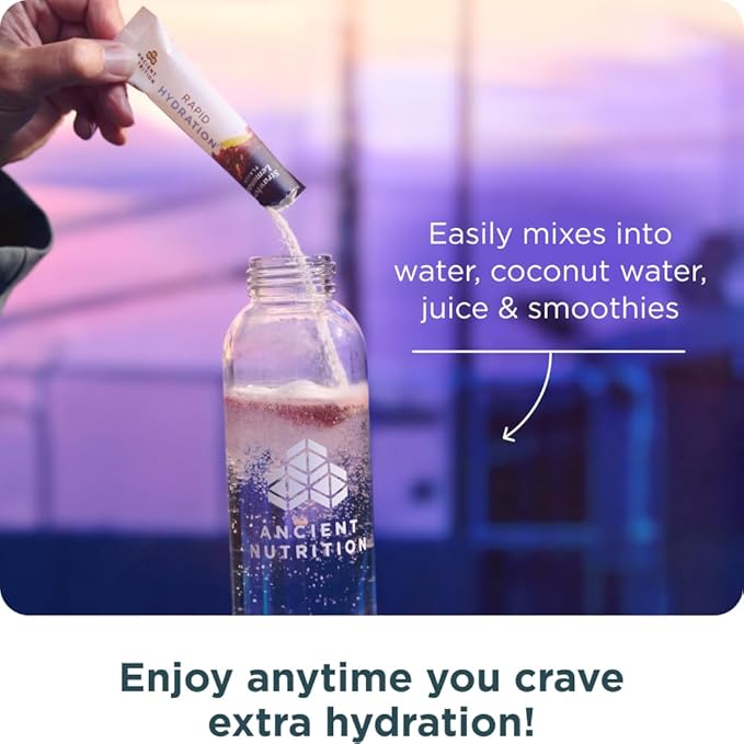 Ancient Nutrition Rapid Hydration Powder, Strawberry Lemonade, Electrolytes from Natural Sea Salts and Red Marine Algae, Supports Rapid Body Hydration and Cellular Health, 15 Servings