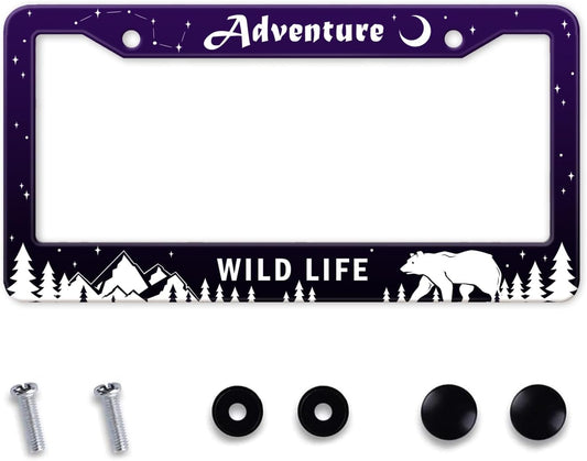 Adventure Awaist License Plate Frame, Mountains Forest Bear Tag Plate Frame Holder Cover, Metal Aluminum Rustproof Car Accessories with Screw Caps, Great Gift for Hiking Outdoor Sports Enthusiasts
