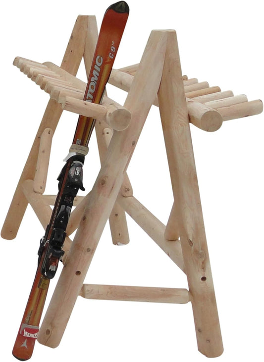13-Place Freestanding Log Ski Rack Holder, Indoor & Outdoor Snowboard Racks, Standing Storage, Garage Racks for Snow Skis & Poles, Durable Snowboard Rack Garage Storage Organizer - Natural