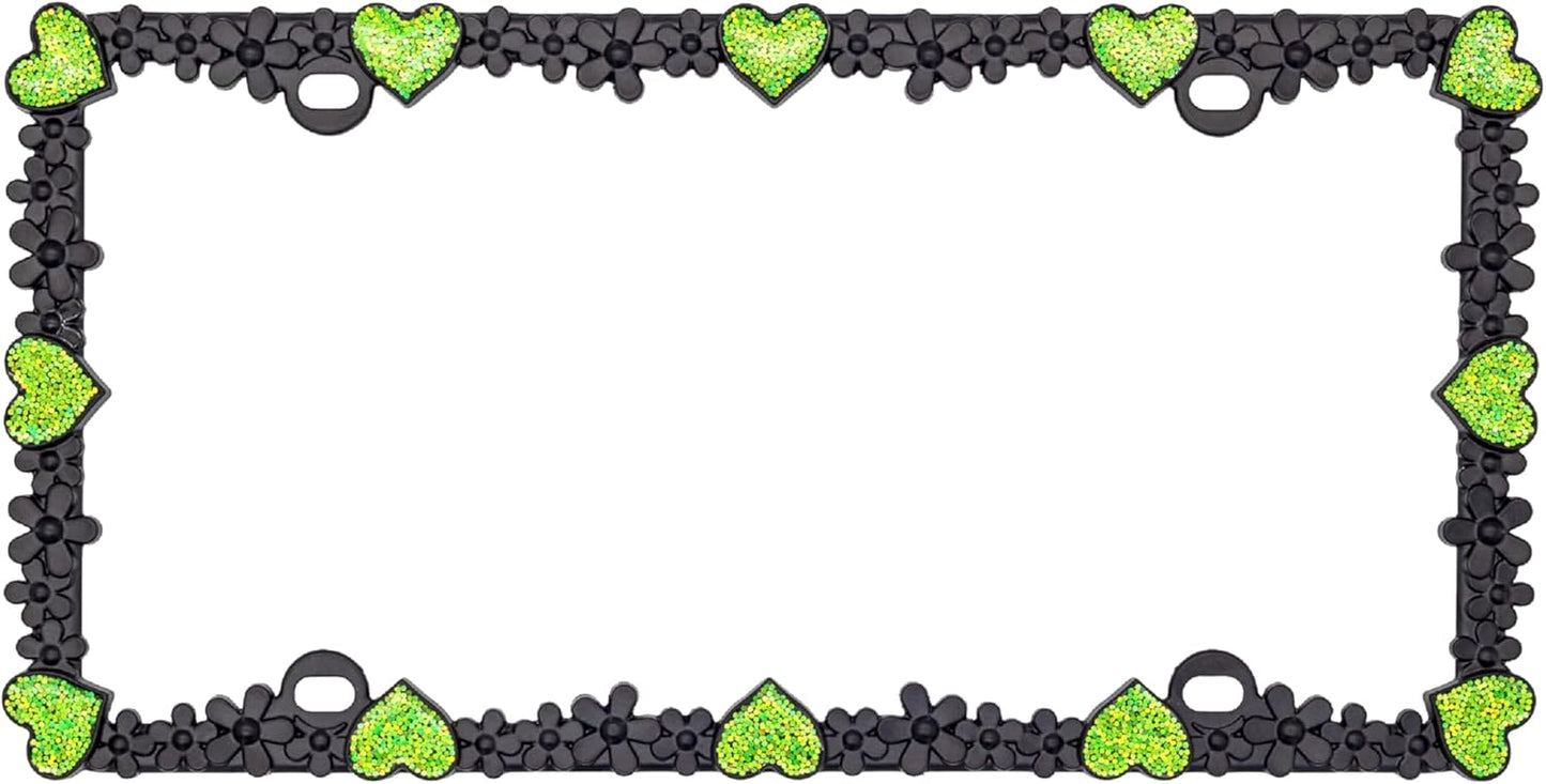 Creathome 3D Shining Daisy Heart License Plate Frame from Pure Zinc Alloy Metal Perfect Plate Holder, Matt Black with Green Glitter, Luminously Heart