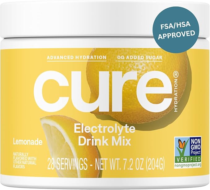 Cure Hydration | Plant-Based Electrolyte Drink Mix | No Added Sugar | FSA-HSA | Dehydration Relief Powder Made with Coconut Water | Non-GMO | Vegan | 28 Servings Jar - Lemonade