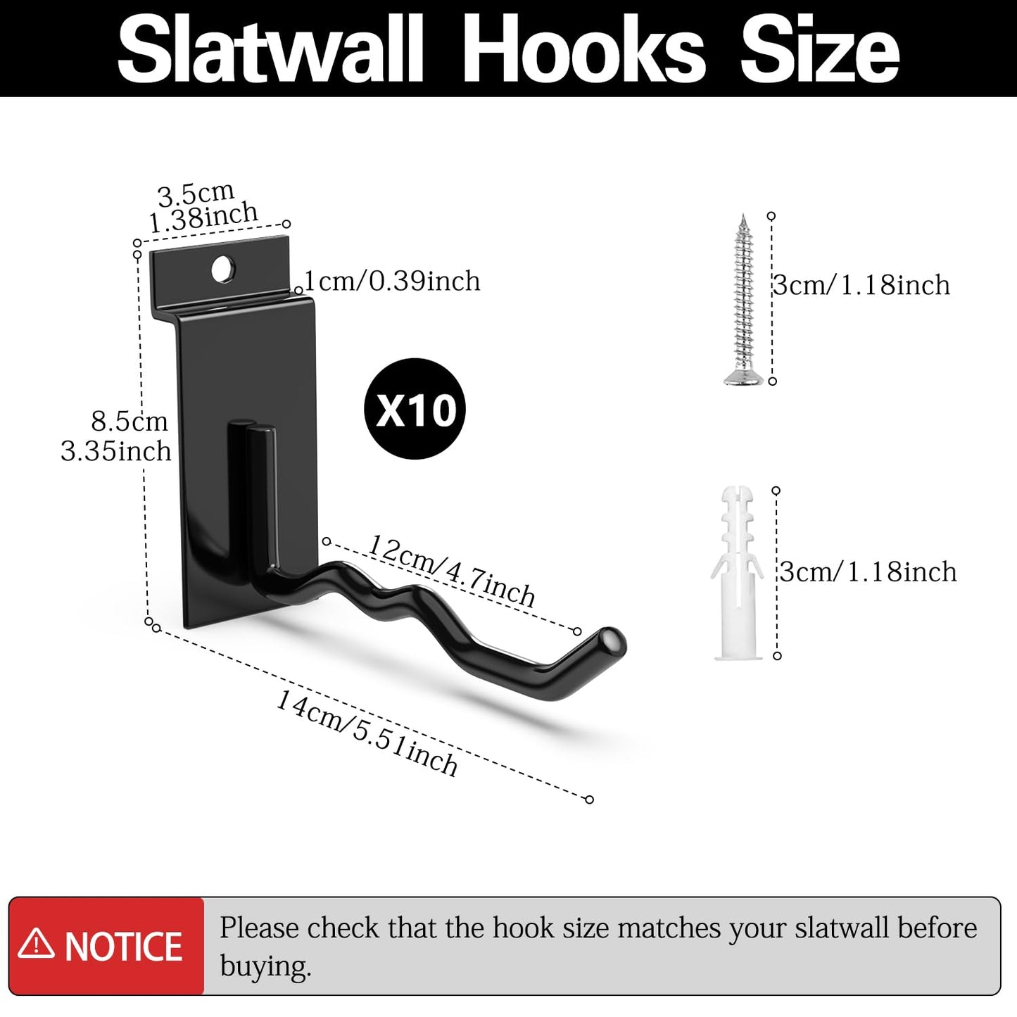3-H Black Steel Slatwall Hooks, 10 Pack, 4.7 Inch, Heavy Duty, Wave Shape, Proslat Accessories, Retail Display