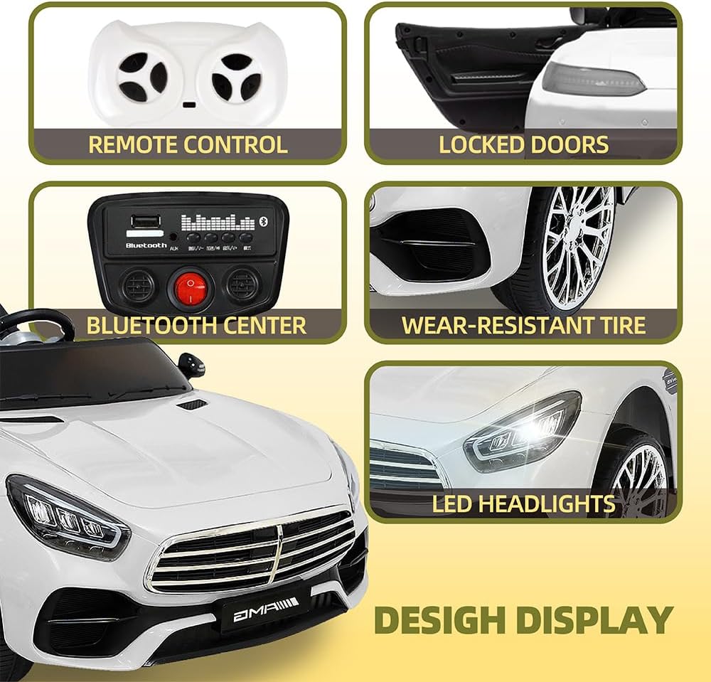 12V Ride On Car for Kids, Electric Car with Remote Control, Bluetooth Music Player for 3-8 Year Old, White