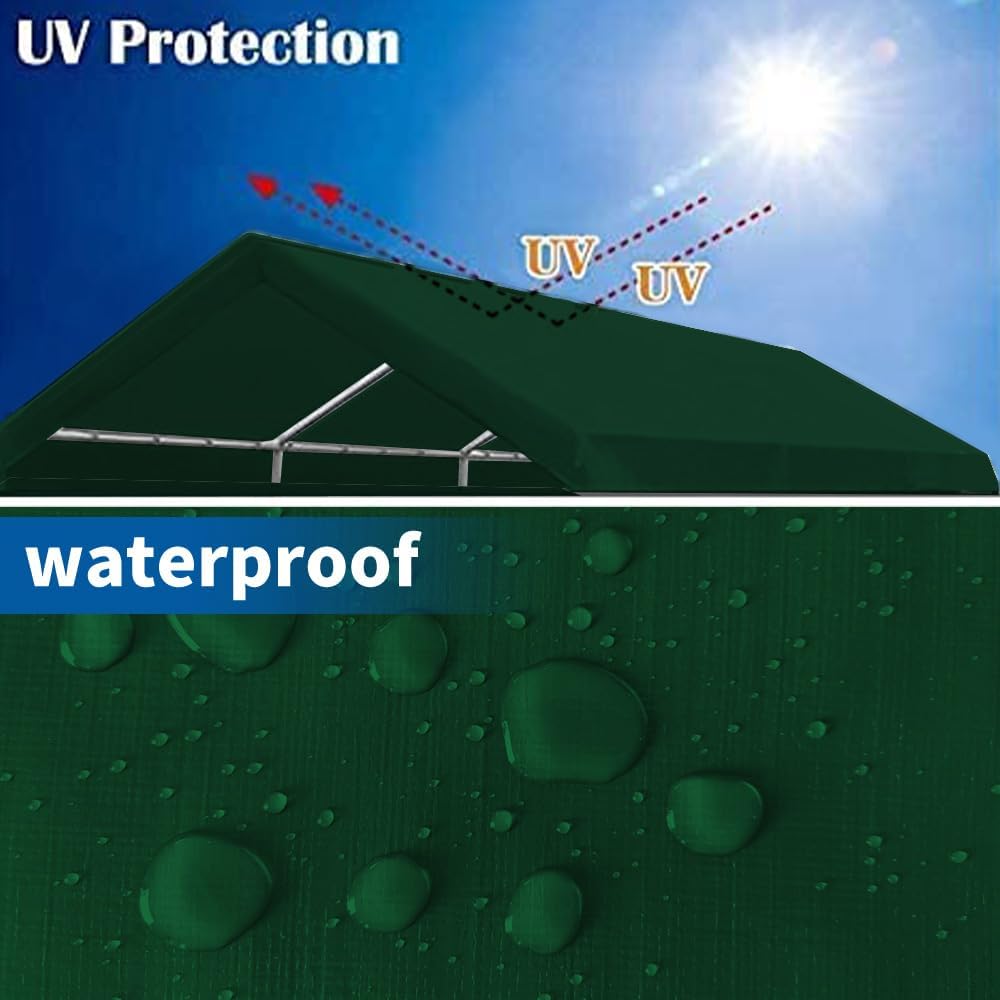 12'x20' Upgraded Carport Replacement Top Canopy Cover for Car Garage Shelter Tent Party Tent with Ball Bungees Green (Only Top Cover, Frame is not Included)