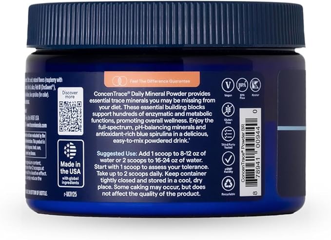 Trace Minerals ConcenTrace Daily Mineral Powder 60 Servings - 700mg of ConcenTrace per Serving (About 15 Drops) Full Spectrum for Whole Body Wellness- Blue Raspberry Flavor