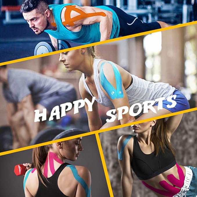 OBTANIM 4 Rolls Waterproof Breathable Kinesiology Tape, Athletic Elastic Kneepad Muscle Pain Relief Knee Taping for Gym Fitness Running Tennis Swimming Football (Black, Skin, Pink, Light Blue)