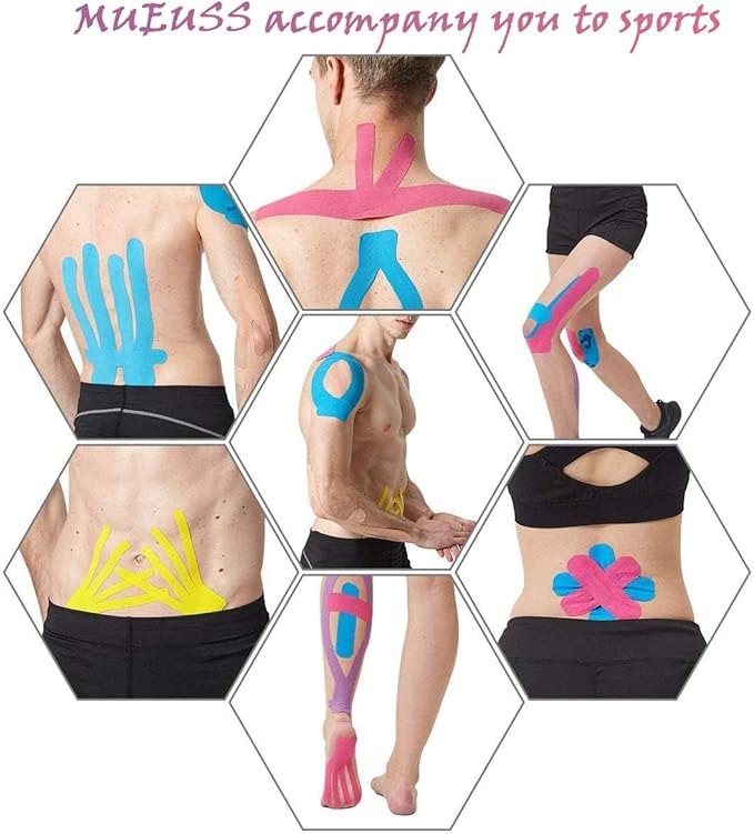 MUEUSS Kinesiology Tape Elastic Cotton Athletic Tape Precut Strips,Waterproof Tape for Protects Muscles,Knees,Shoulders Plantar Fasciitis Pain Relief,Pregnancy Belly Tape (2rolls Pink&Blue)