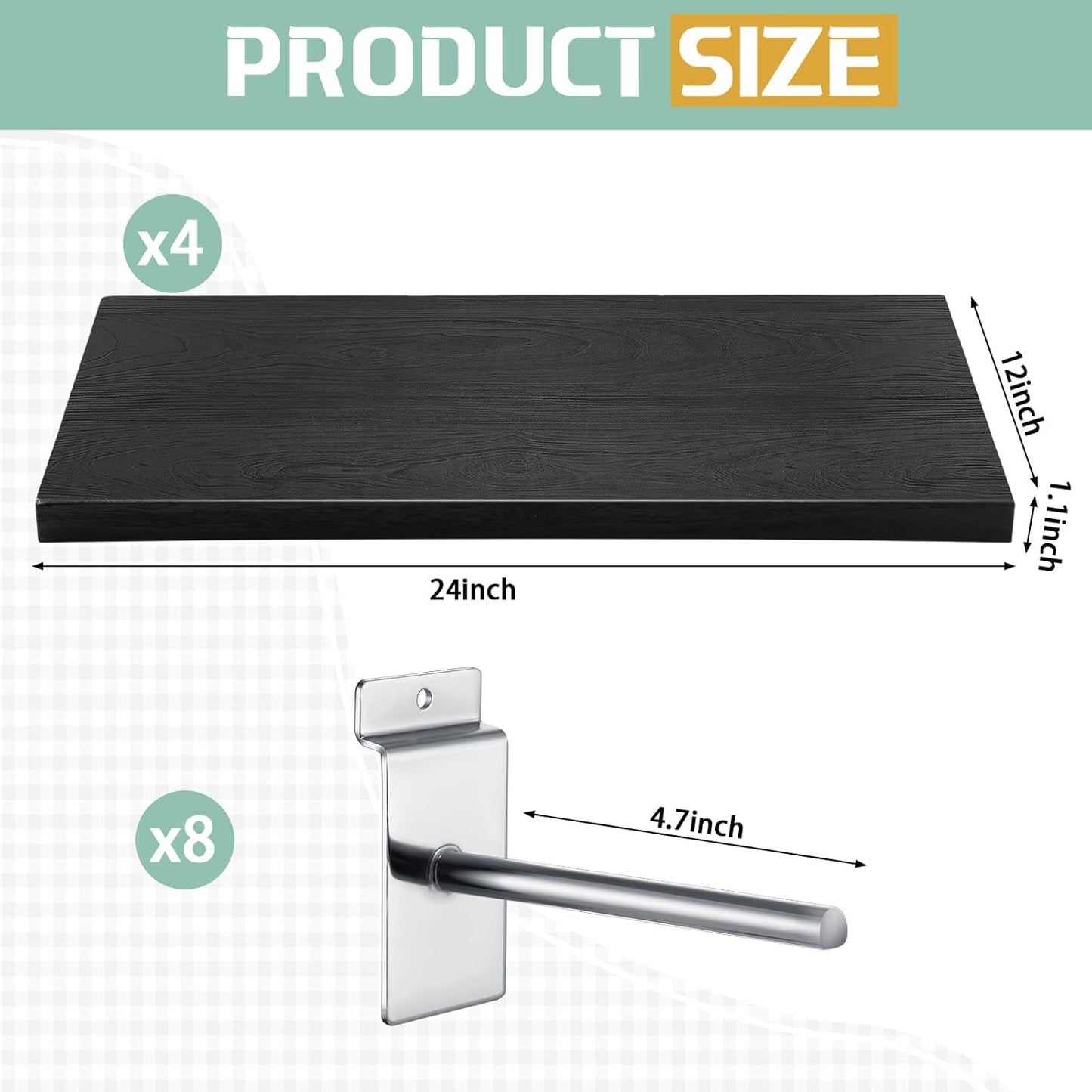 4 Pack Wooden Slatwall Shelf, Black Slatwall Shelves with Metal Hooks Organizer Set Mounted Accessories for Garage Home Workshop Workbench 23.6" x 11.8" x 1.1"