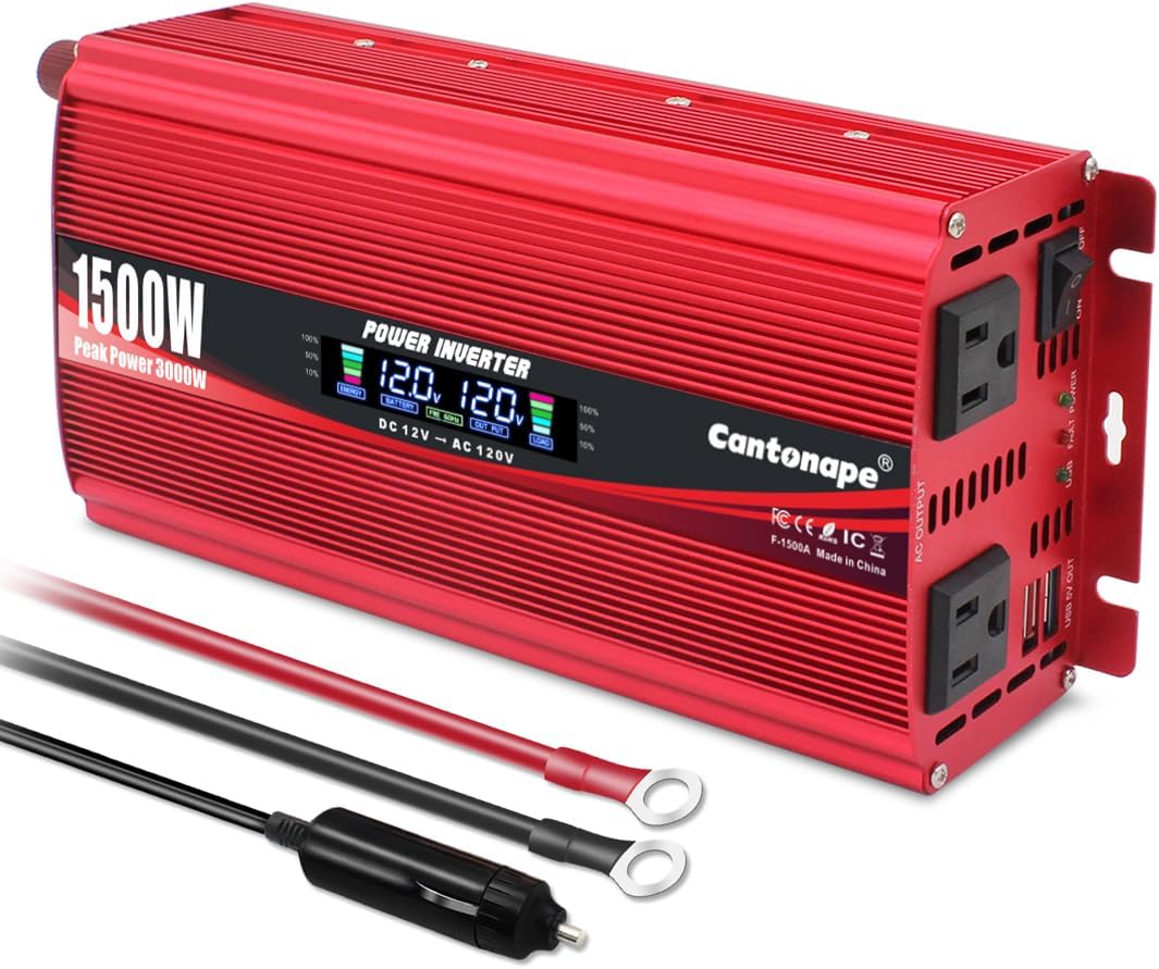 1500W Power Inverter 12V to 110V/120V Car Charger Converter with LCD Display, 3.1A Dual USB Ports 2 AC Outlets Car Adapter, Cigarette Lighter for for Truck Vehicle Red