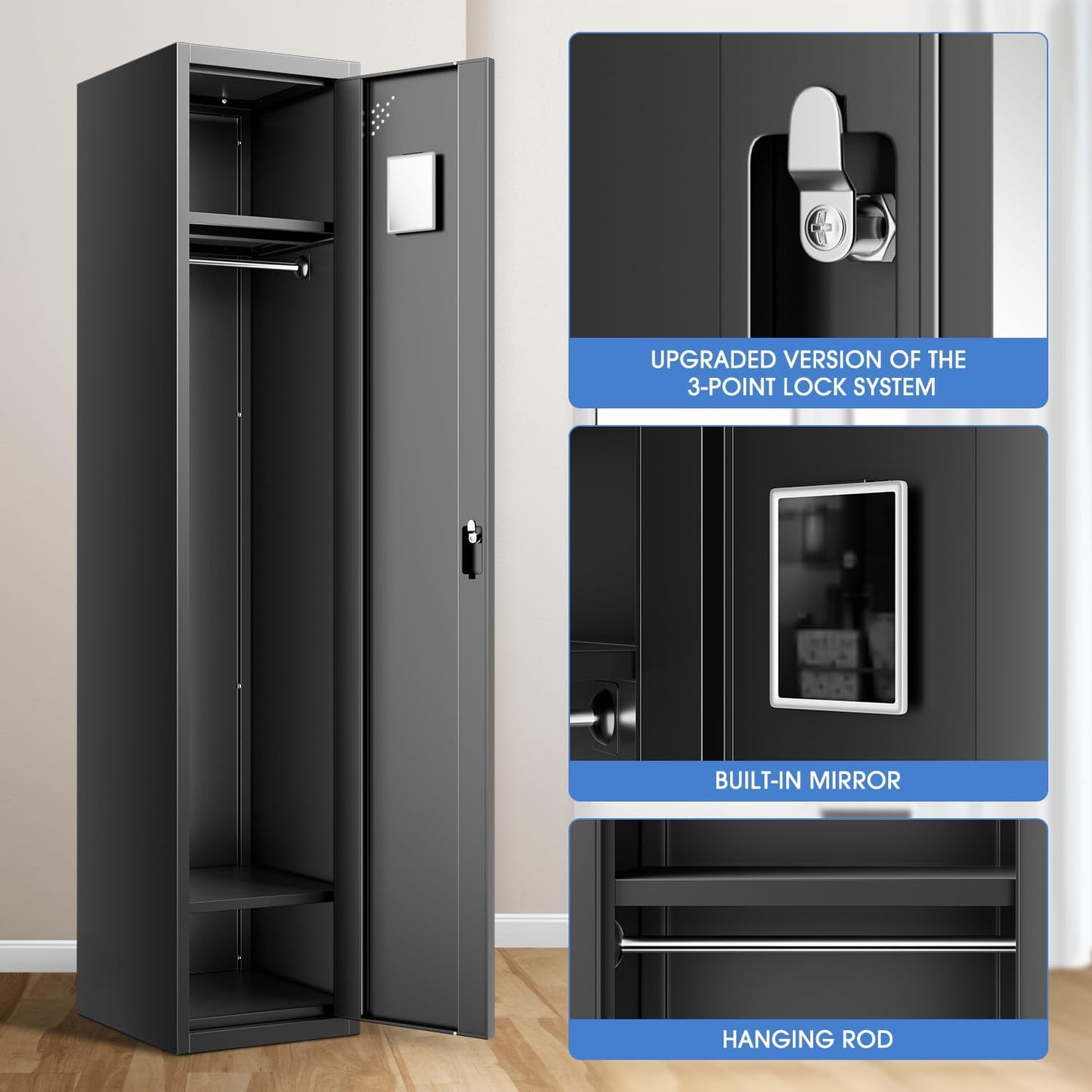 DNA MOTORING Metal Storage Cabinet for Employees with Keys, 71" Employees Metal Locker with 1 Doors, Tall Storage Lockers for Garage,Office,Home,Gym, Black, TOOLS-00787-BK-BK