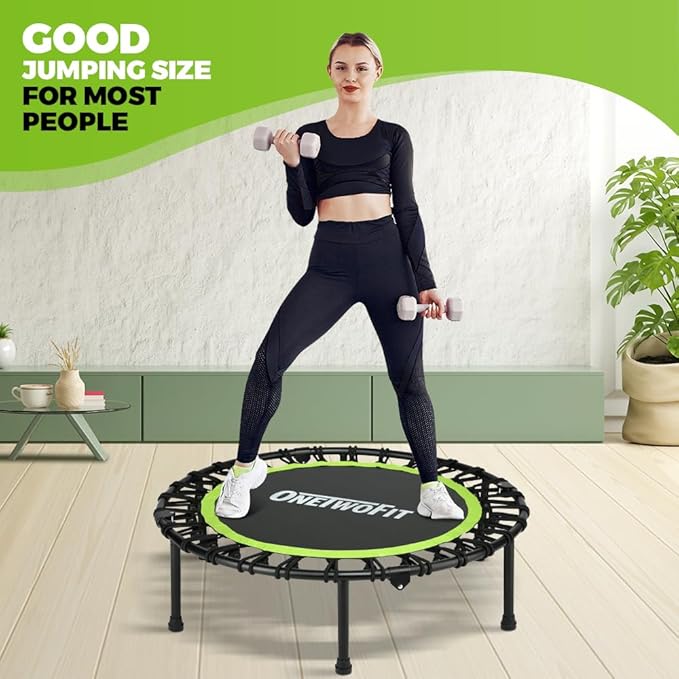 ONETWOFIT Foldable Rebounder Trampoline for Adults, 40/42/45” Mini Fitness Trampoline W/Adjustable Foam Handle Bungees, Quiet Exercise Trampoline for Personal Indoor Workout