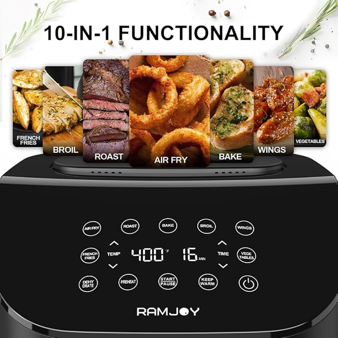 Air Fryer 6.8 Quarts, 10-in-1 Functions, Air Fry, Roast, Bake, Broil, Dehydrate, Large & Compact Air Fryers, Nonstick & Dishwasher-Safe Airfryer Basket, Stainless Steel Air Fryer, Metal Grey