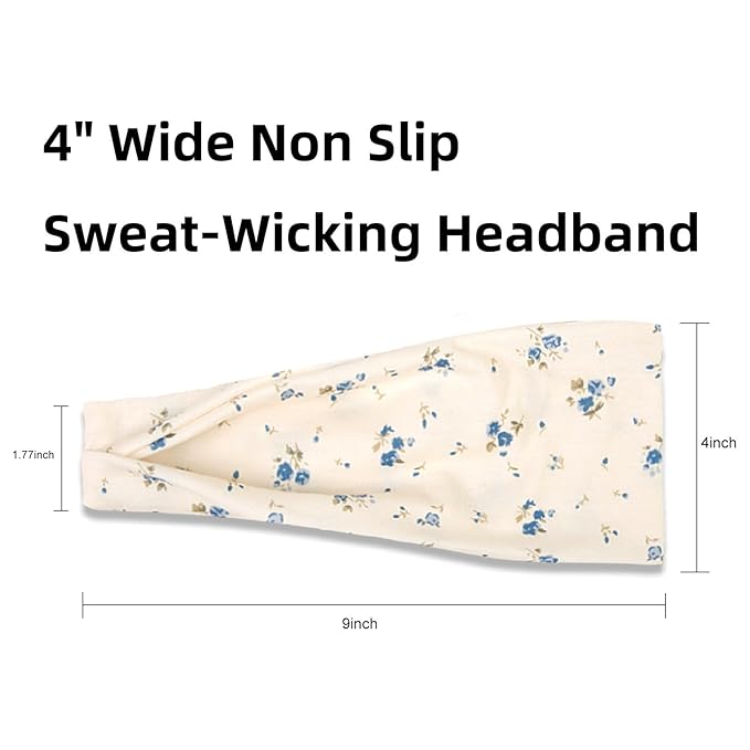 TERSE Headbands for Women Trendy Floral Women's Hair Bands, Non Slip Stretchy Sweat Bands 4 inches Wide, Fashion Hair Accessories for Yoga Workout Summer Head Bands