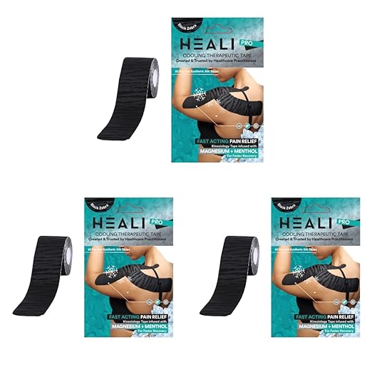 Heali Kinesiology Tape 3 Pack, Magnesium & Menthol Infused, Elastic Sports Tape, Shoulder, Knee, Elbow, Ankle, Waterproof, Latex Free, Pain Relief, Muscle Recovery, K Tape, Black Zebra