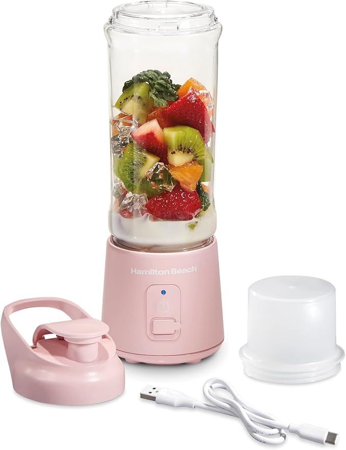 Hamilton Beach Mini Cordless Portable Personal Blender for Shakes and Smoothies, USB Rechargeable, 16 oz. Jar with Leakproof Travel Lid, 6 Stainless Steel Blades, Pink (51181)