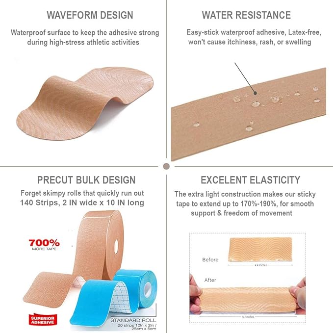 Original Kinesiology Athletic Tape. Professional Sports Tape for Ankle Wrist Knee Shoulder Muscles Joints. Latex Free, Waterproof, Stretchy, and Gentle on Skin. Up to 115 ft/Roll