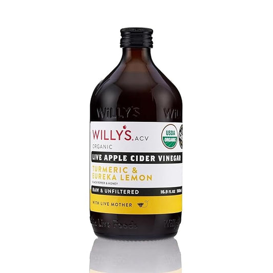 Willy's ACV Organic Probiotic Apple Cider Vinegar with Mother for Gut Health - with Turmeric & Eureka Lemon 16.9 fl oz